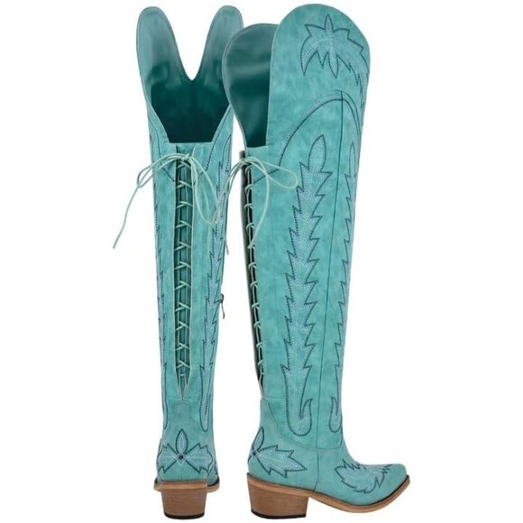 Women Turquoise Polyurethane Over the Knee Adjustable Thigh High Cowgirl Boot - Picture 2 of 5